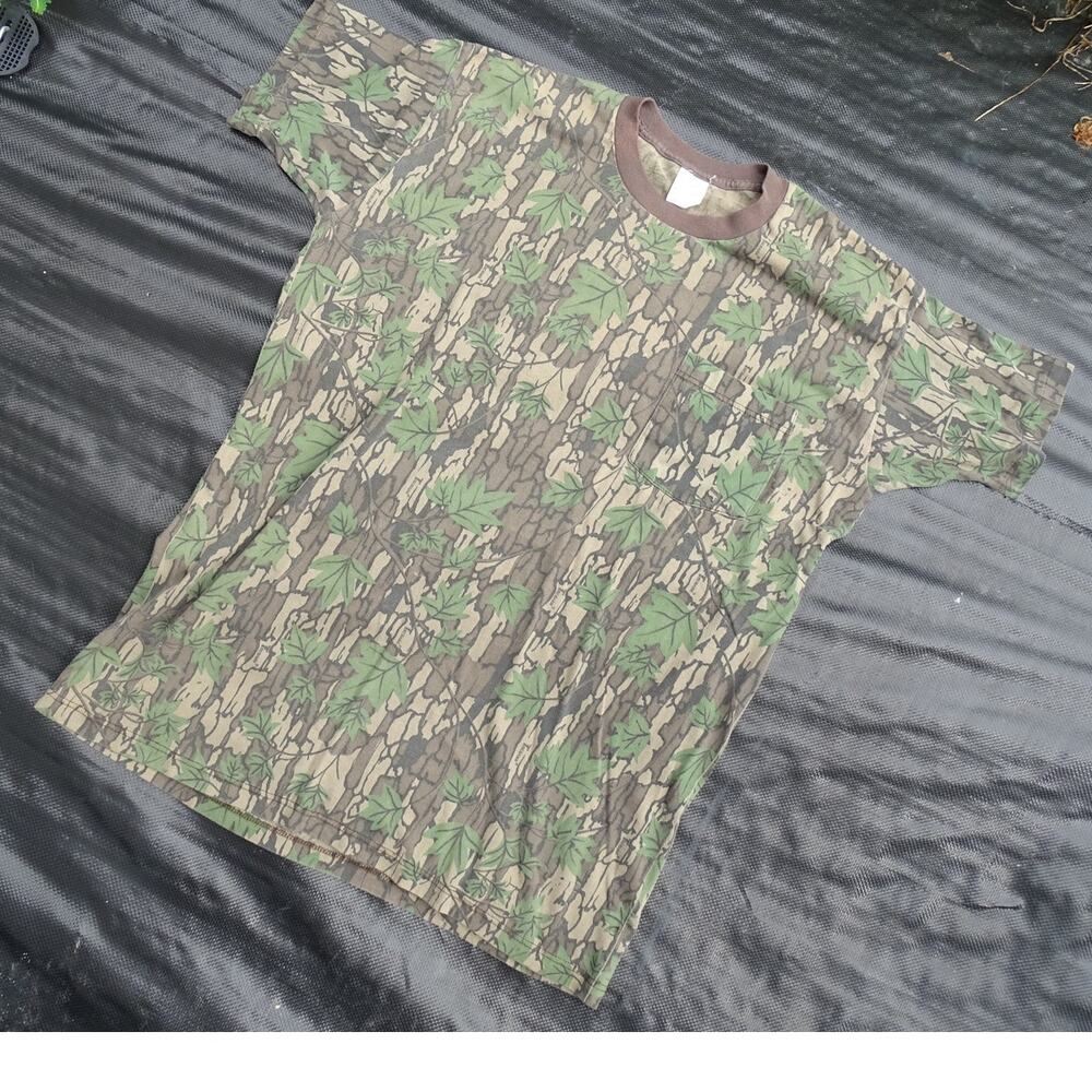 Vintage 80s Duck Bay Trebark Camo Ringer T Shirt L Single Stitch Pocket USA Made